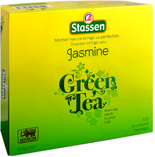 Pudełko herbaty Stassen Jasmine Green Tea widok z boku pod kątem
