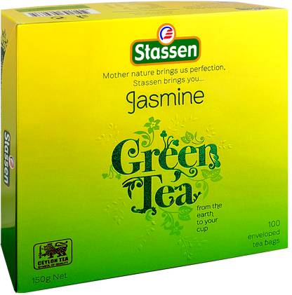 Pudełko herbaty Stassen Jasmine Green Tea widok z boku pod kątem