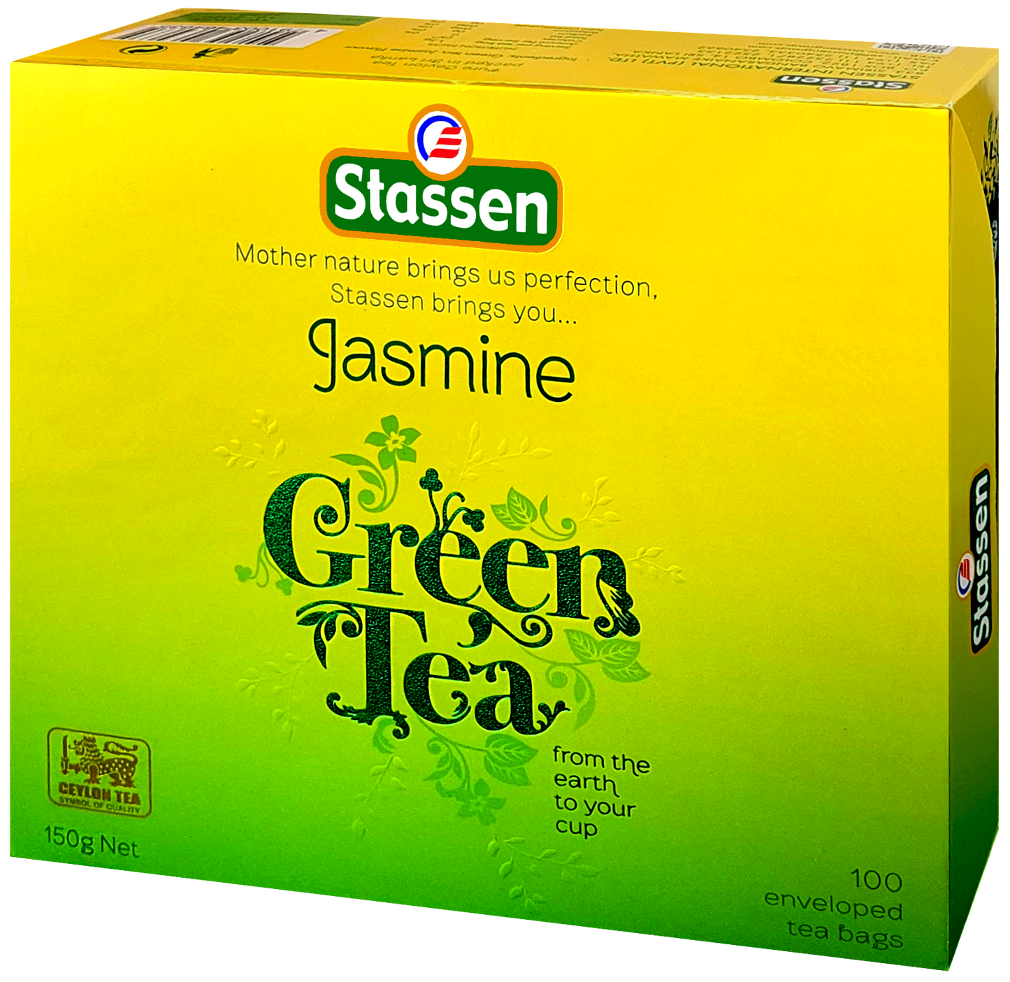 Opakowanie Stassen Jasmine Green Tea zielono-żółte pudełko prezentowane z prawej strony