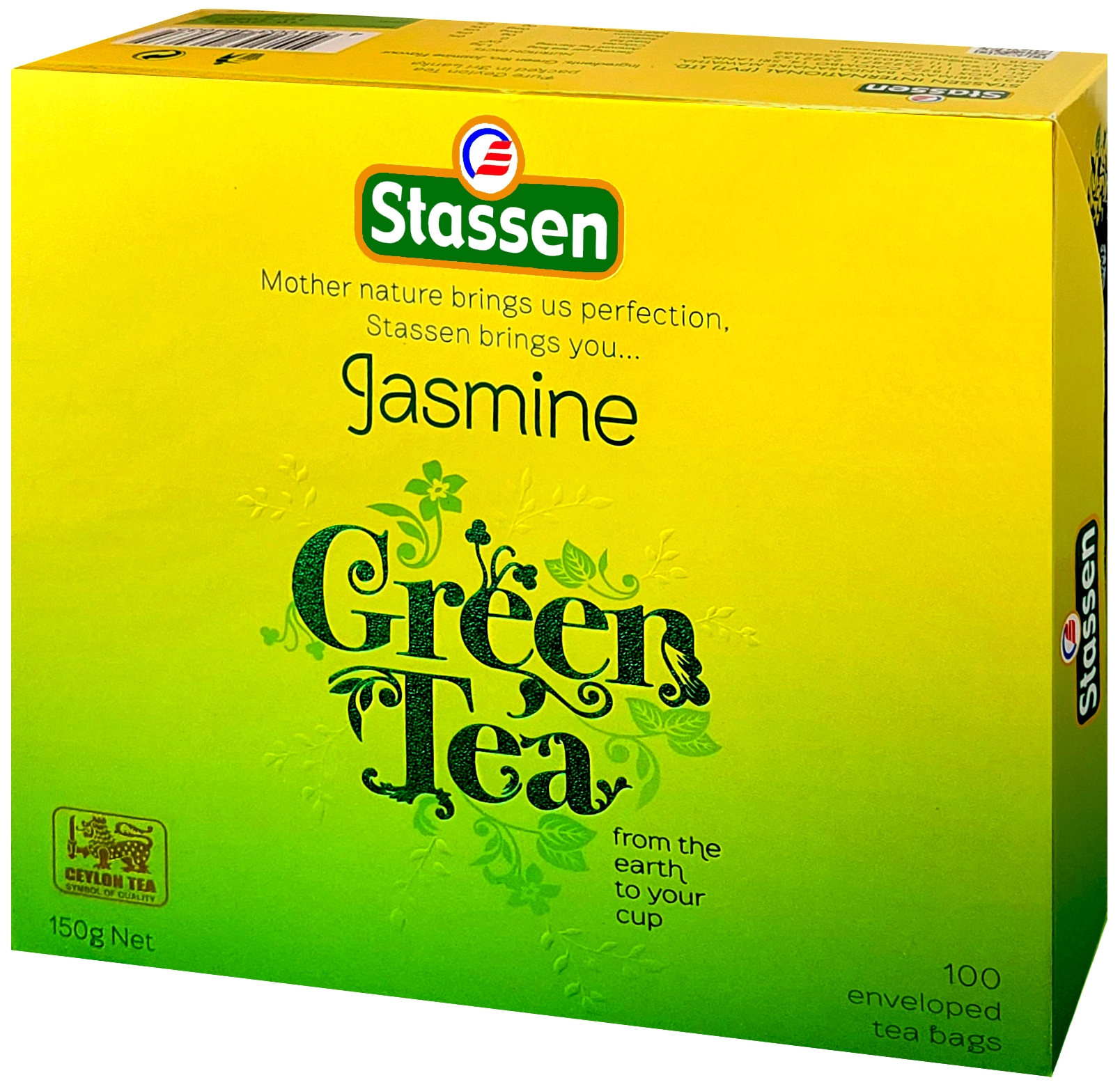 Opakowanie Stassen Jasmine Green Tea zielono-żółte pudełko prezentowane z prawej strony