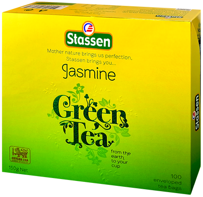 Opakowanie Stassen Jasmine Green Tea zielono-żółte pudełko prezentowane z prawej strony