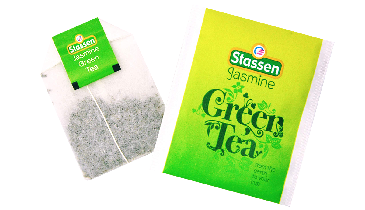 Herbata Stassen Jasmine Green Tea – saszetka i torebka zaprezentowane razem