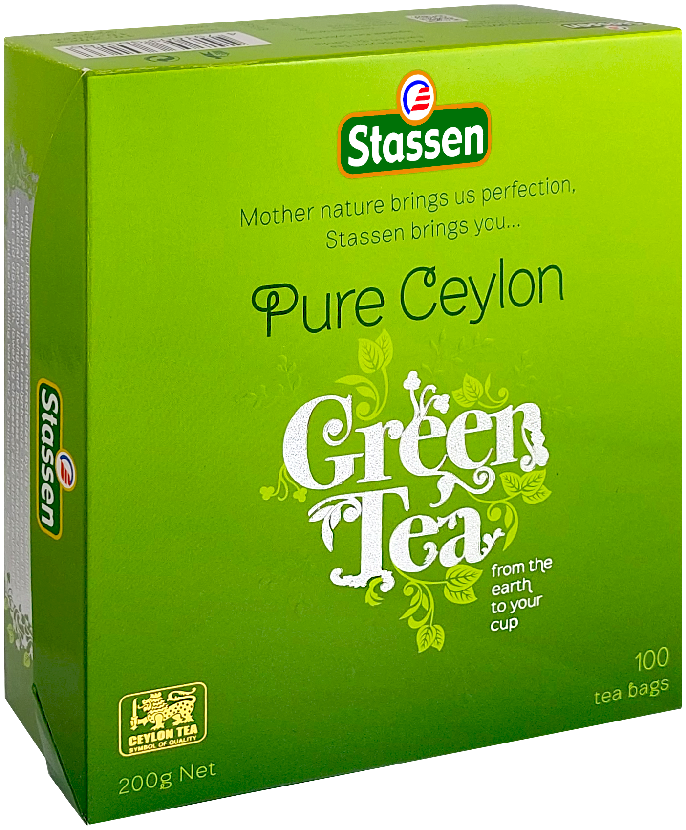 Herbata zielona Stassen Pure Ceylon Green Tea w kartonowym pudełku widok boczny