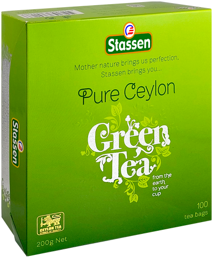 Herbata zielona Stassen Pure Ceylon Green Tea w kartonowym pudełku widok boczny