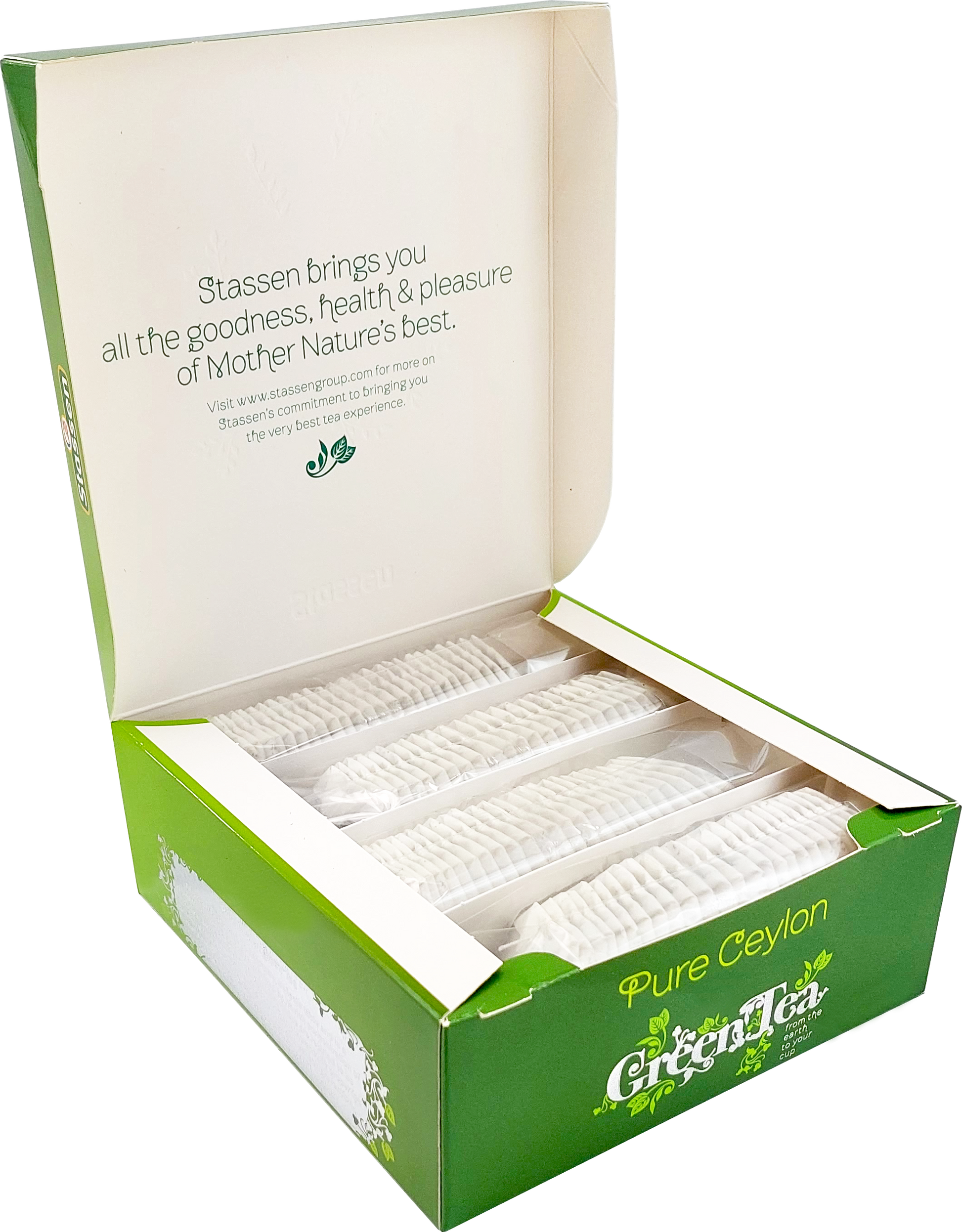 Pudełko z herbatą Stassen Green Tea Pure Ceylon otwarte z saszetkami w środku