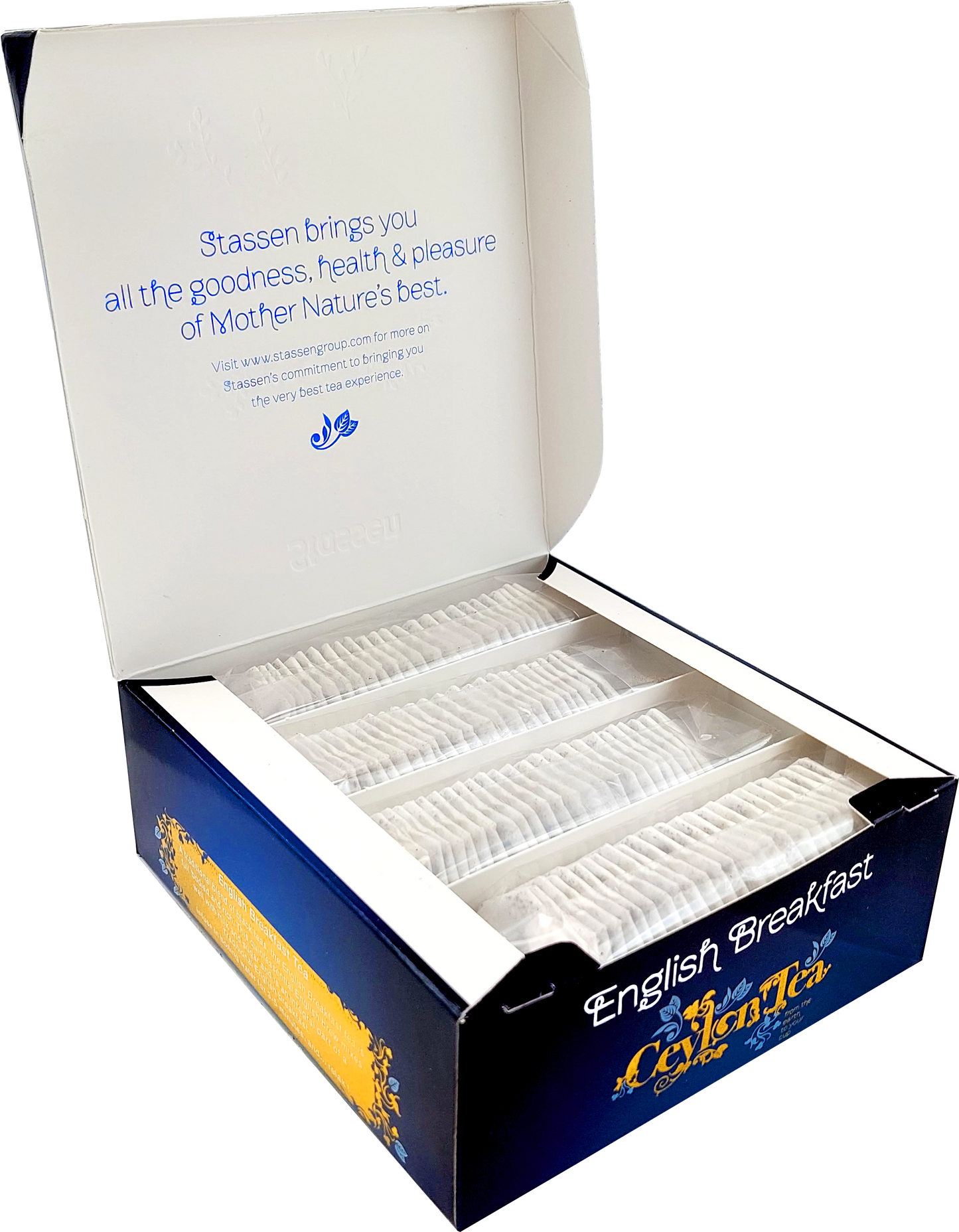 Pudełko Stassen English Breakfast otwarte z saszetkami herbaty w środku