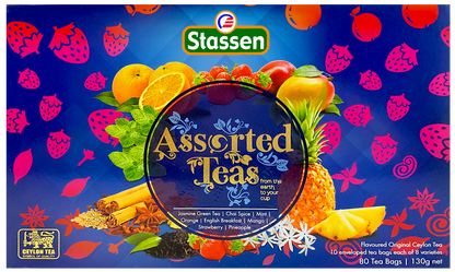 Zbliżenie na front opakowania Stassen Teas Blue z logo i nazwą zestawu.