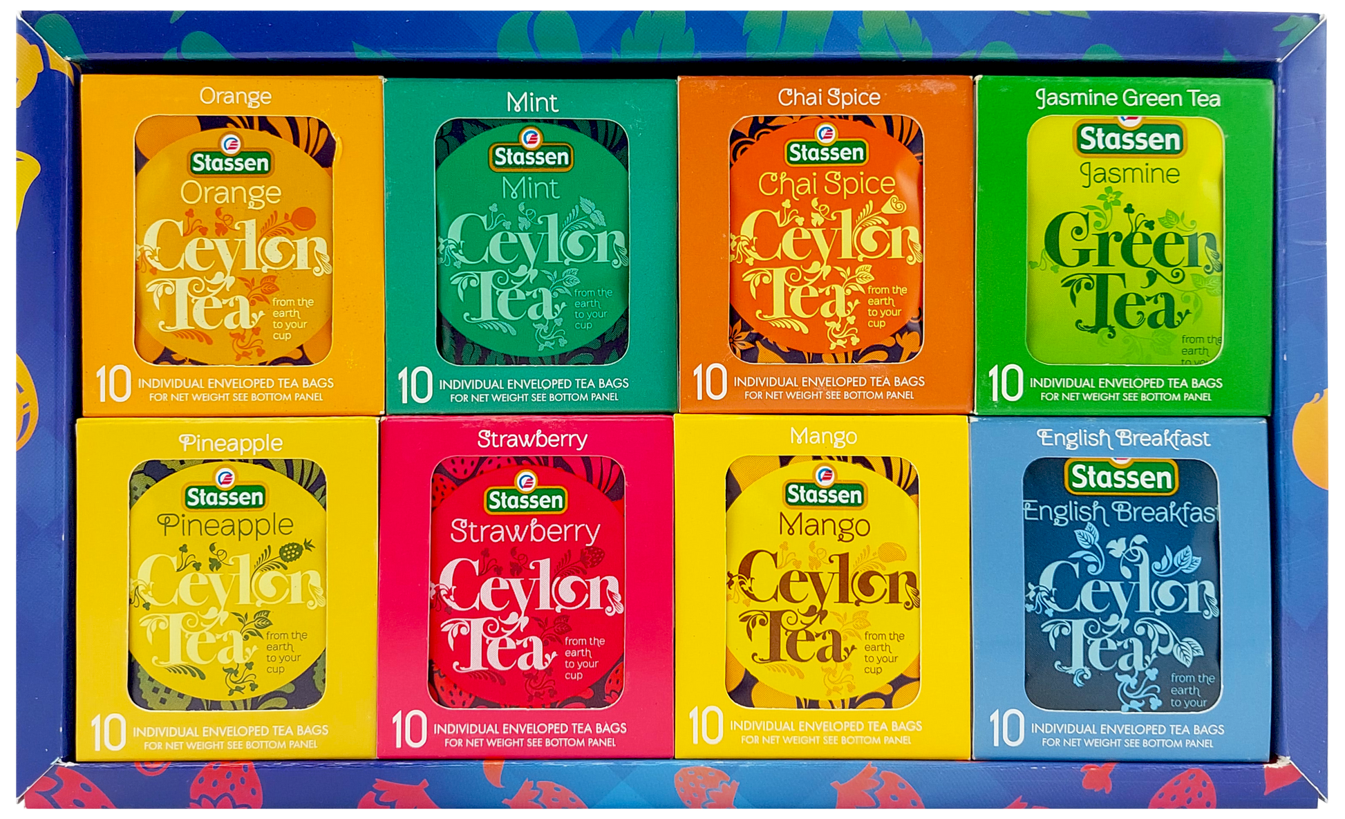 Kolorowe saszetki herbat Stassen w pudełku z zestawu Teas Blue.