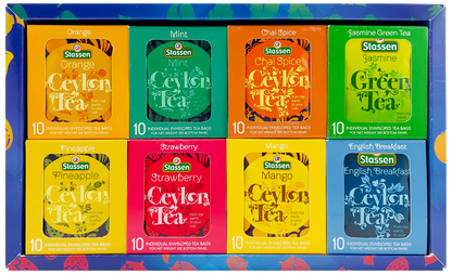 Kolorowe saszetki herbat Stassen w pudełku z zestawu Teas Blue.