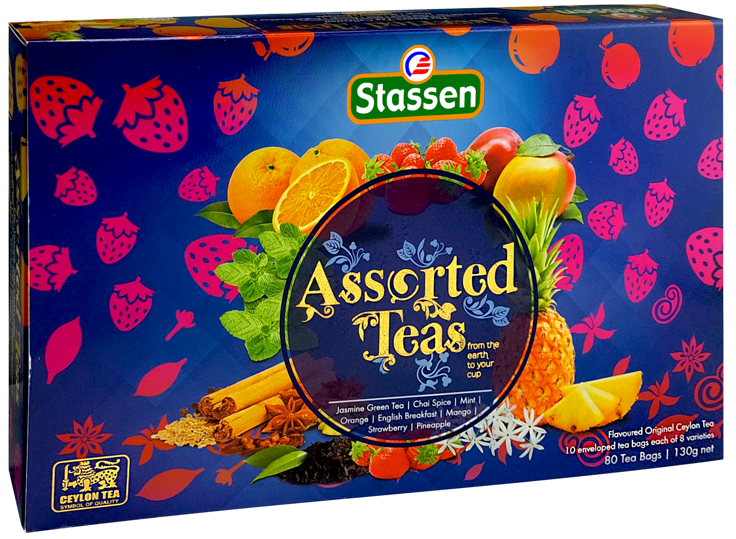 Pudełko Stassen Teas Blue z ilustracjami owoców i aromatycznych przypraw.