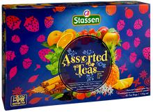 Pudełko Stassen Teas Blue z ilustracjami owoców i aromatycznych przypraw.