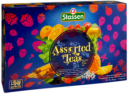 Pudełko Stassen Teas Blue z ilustracjami owoców i aromatycznych przypraw.