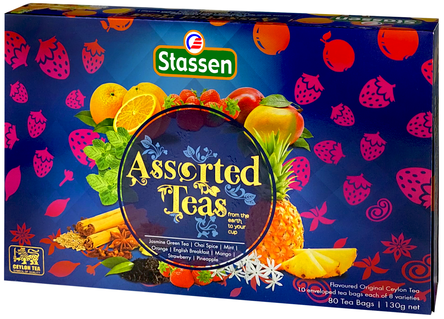 Przód opakowania Stassen Teas Blue z owocami i przyprawami.