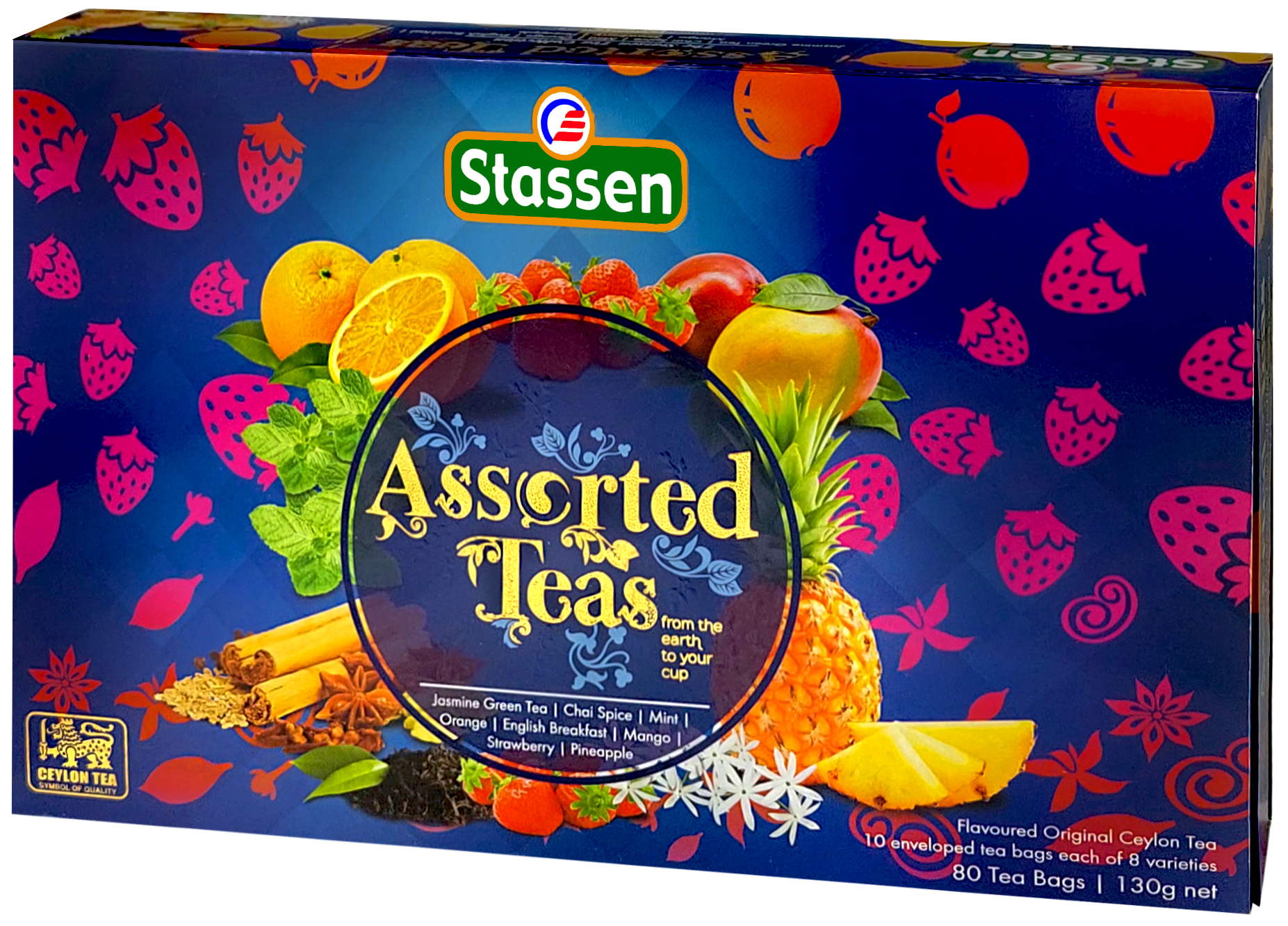 Przód opakowania Stassen Teas Blue z owocami i przyprawami.