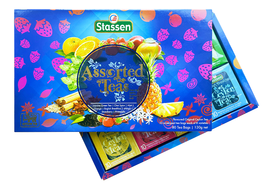 Pudełko Stassen Teas Blue częściowo otwarte, z widocznymi kopertami herbat.