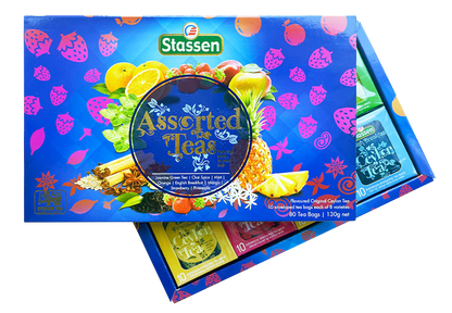 Pudełko Stassen Teas Blue częściowo otwarte, z widocznymi kopertami herbat.