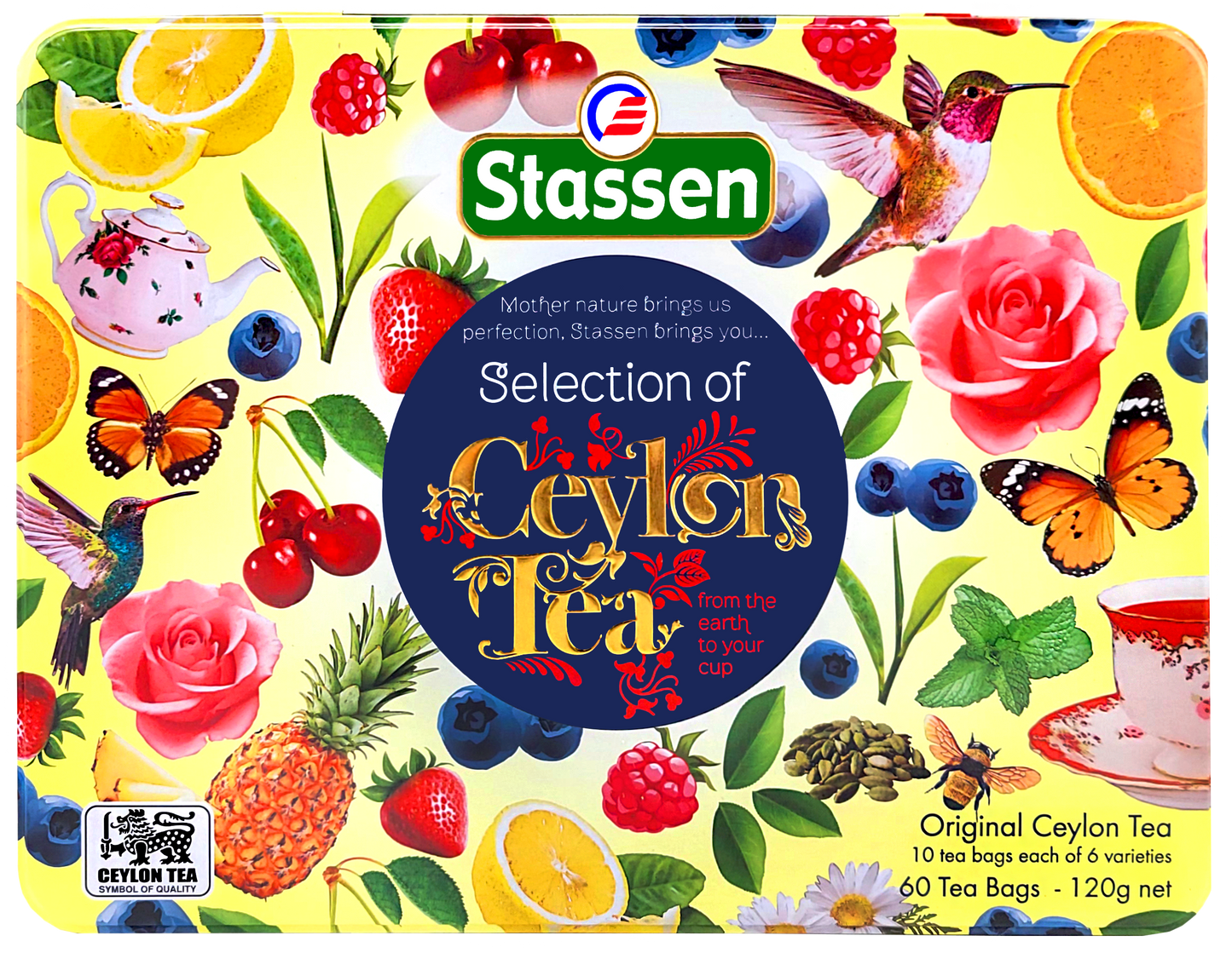 Bok pudełka herbat Stassen z ilustracjami owoców i motyli.