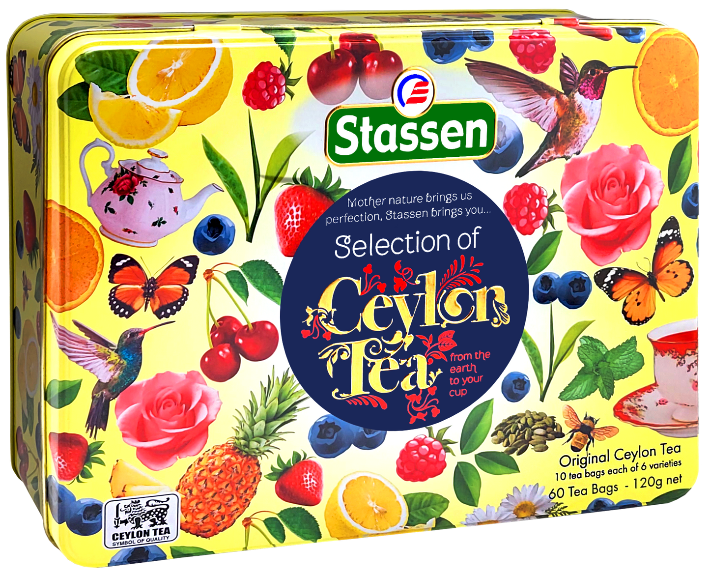 Front opakowania zestawu Stassen Yellow Tea z kolorową grafiką owoców i kwiatów.