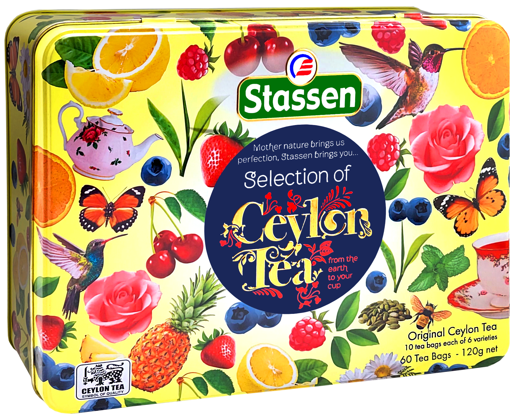 Front opakowania zestawu Stassen Yellow Tea z kolorową grafiką owoców i kwiatów.