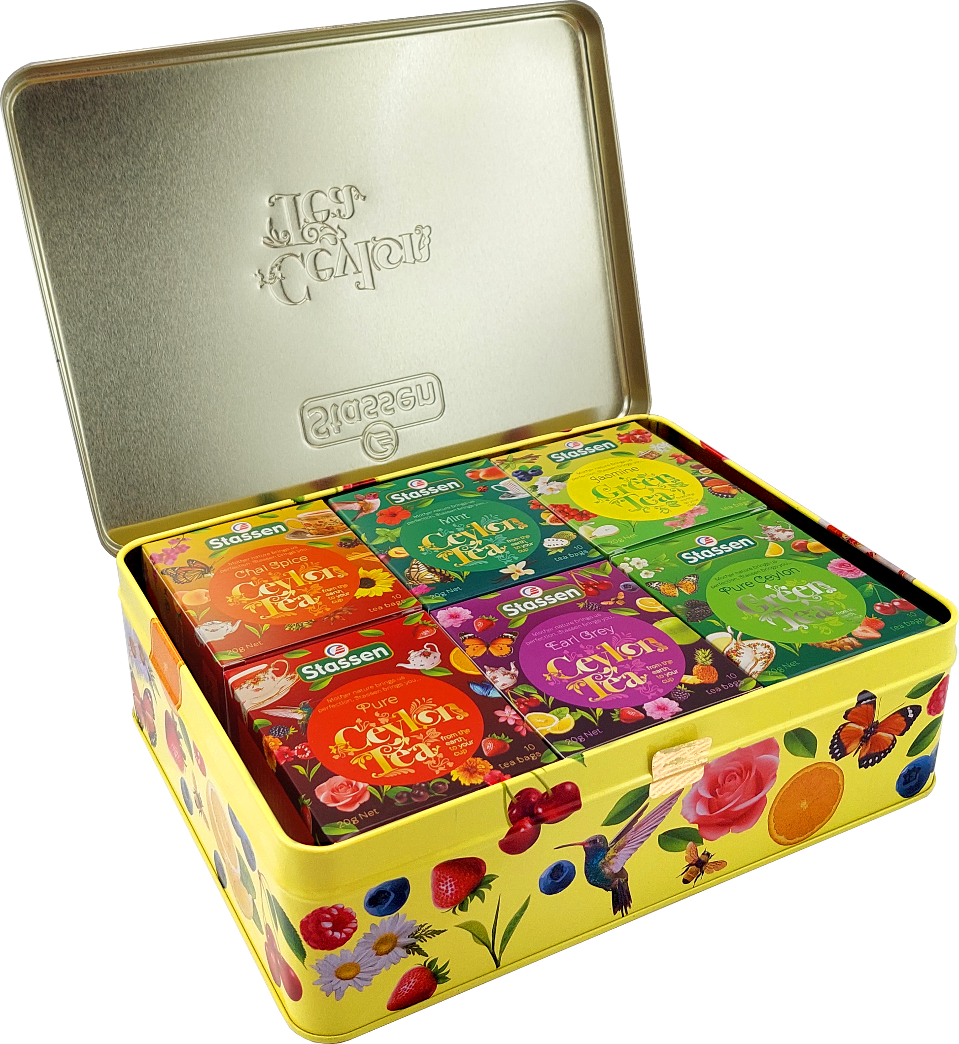 Otwarta puszka z mini pudełkami herbat Stassen – zestaw 6 smaków Ceylon Tea.