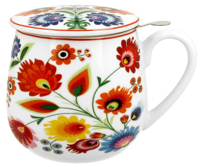 Kubek porcelanowy baryłka z łowickim wzorem i przykrywką.