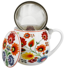 Kubek baryłka Łowicz z metalowym zaparzaczem do herbaty.