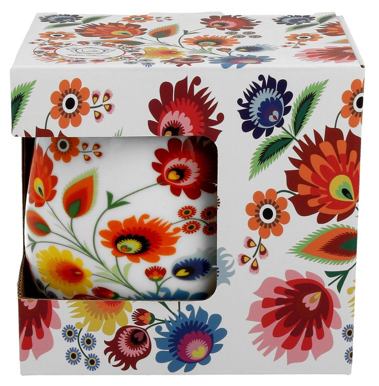 Ozdobne pudełko z łowickim wzorem w kwiaty w intensywnych kolorach.