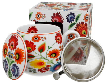 Zestaw kubek baryłka z zaparzaczem i przykrywką w pudełku ozdobnym.