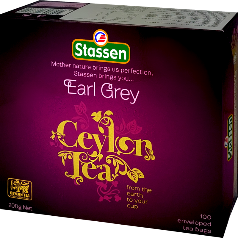 Bok opakowania herbaty Stassen Earl Grey z logo producenta i opisem.