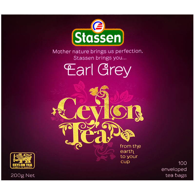 Front opakowania Stassen Earl Grey Ceylon Tea z eleganckim złotym napisem.
