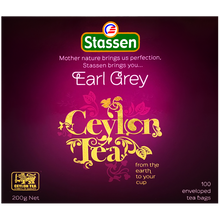 Front opakowania Stassen Earl Grey Ceylon Tea z eleganckim złotym napisem.