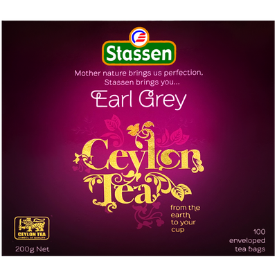 Front opakowania Stassen Earl Grey Ceylon Tea z eleganckim złotym napisem.