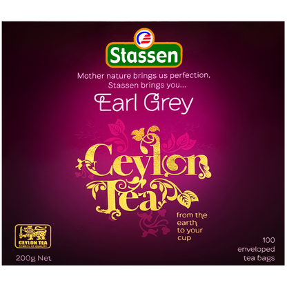 Front opakowania Stassen Earl Grey Ceylon Tea z eleganckim złotym napisem.