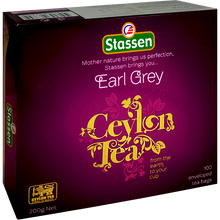 Herbata Stassen Earl Grey Ceylon Tea 100 kopert – eleganckie opakowanie z motywem liści.