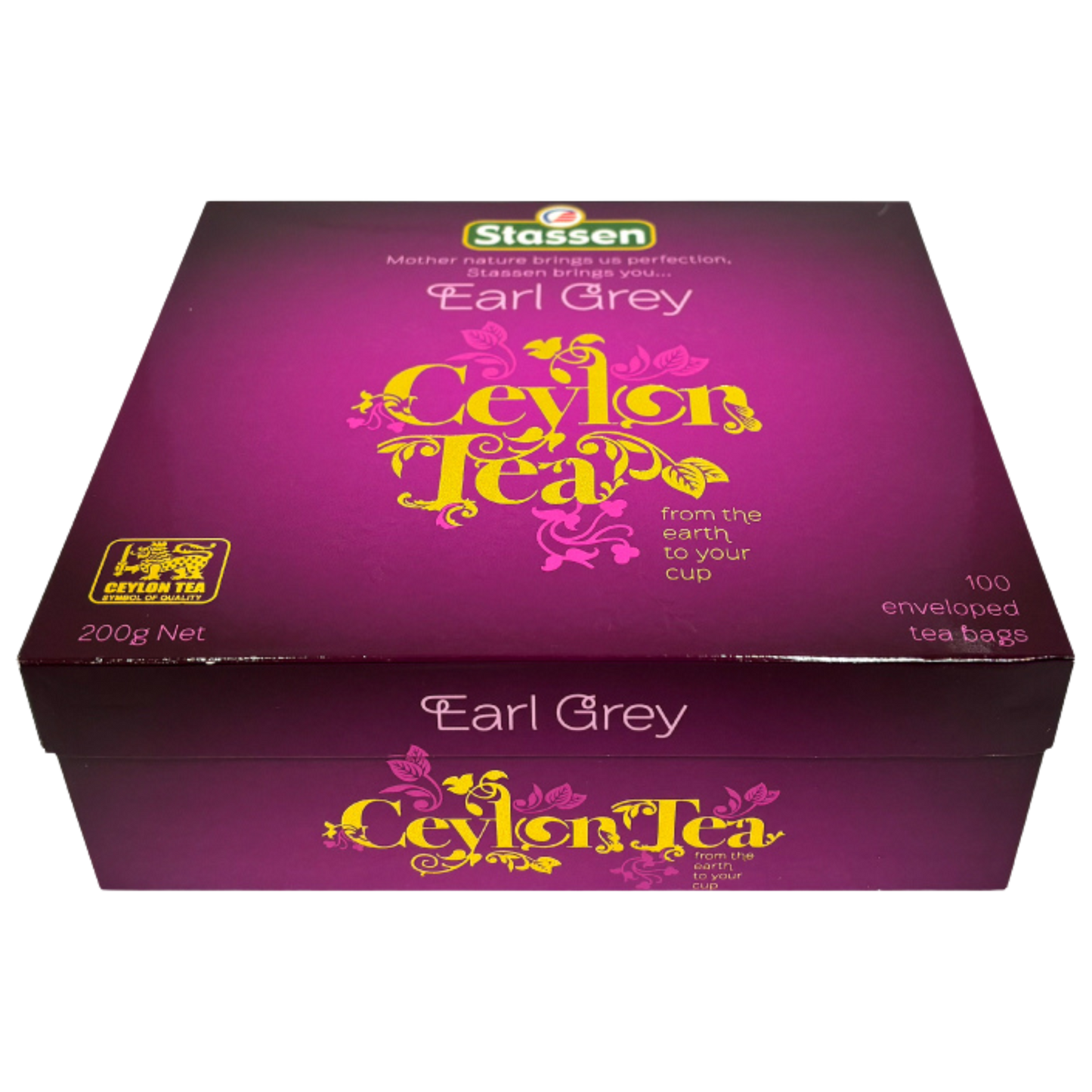 Widok z góry na pudełko herbaty Stassen Earl Grey z napisem Ceylon Tea.