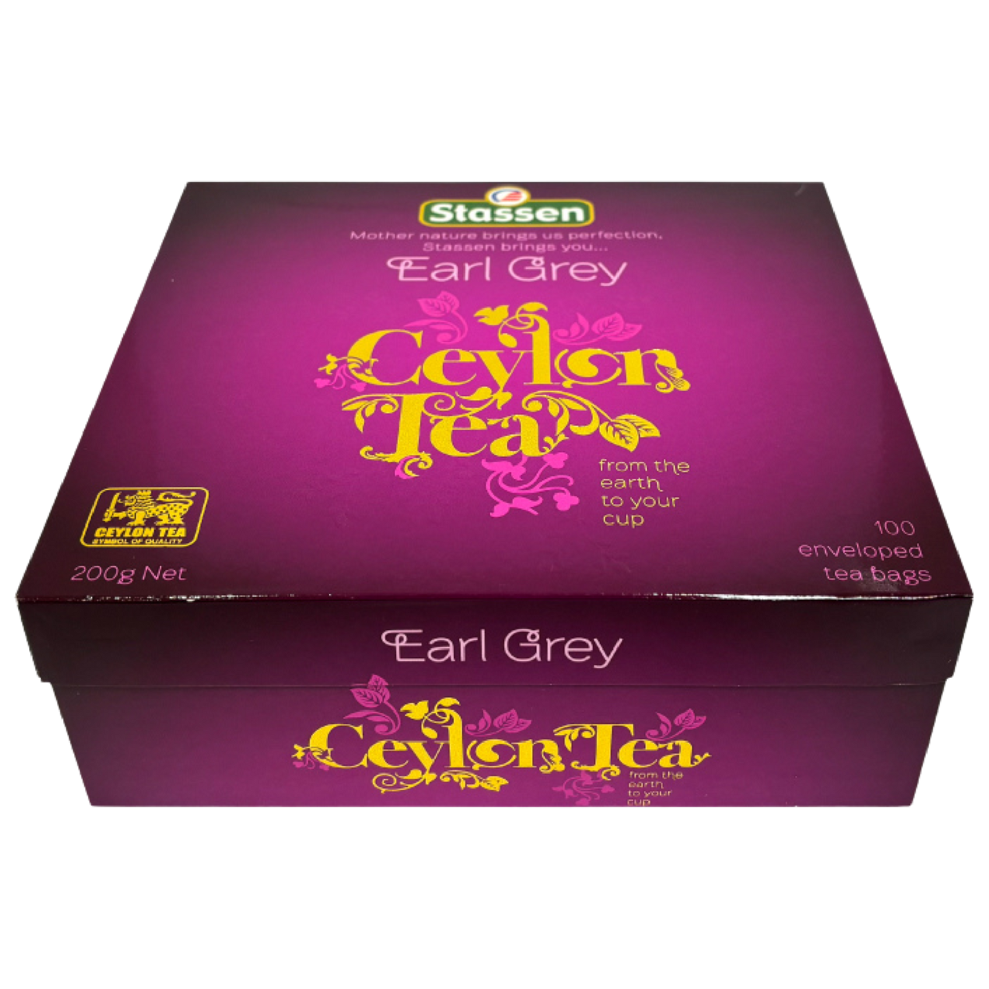 Widok z góry na pudełko herbaty Stassen Earl Grey z napisem Ceylon Tea.