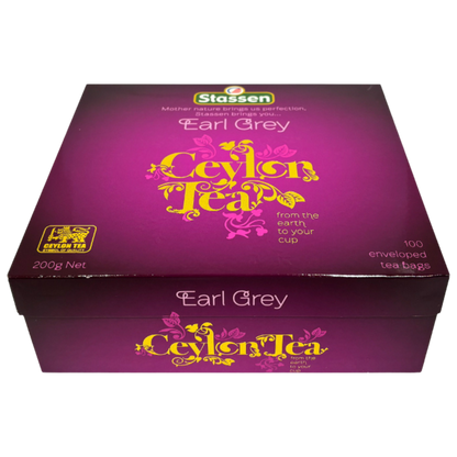 Widok z góry na pudełko herbaty Stassen Earl Grey z napisem Ceylon Tea.