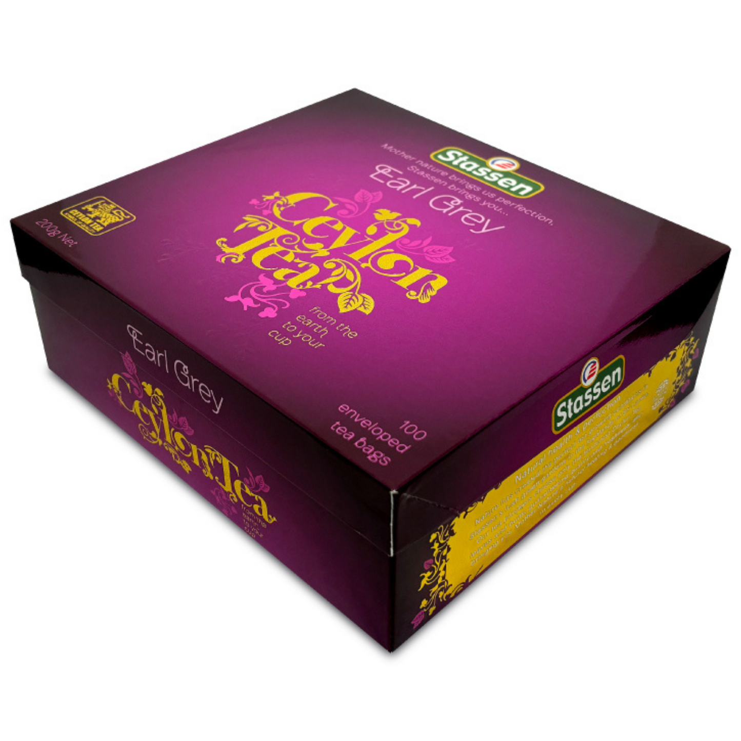 Opakowanie herbaty czarnej Stassen Earl Grey 100 kopert na tle białym.