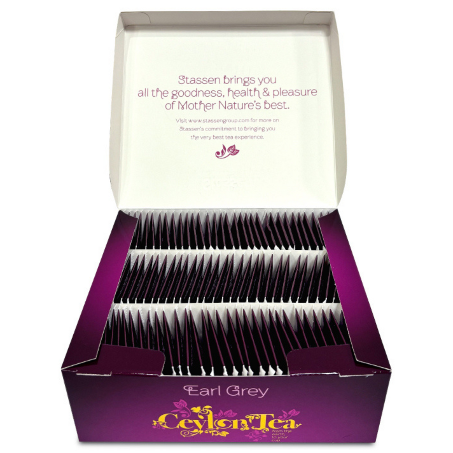 Otwarte pudełko herbaty Stassen z równo ułożonymi saszetkami Earl Grey.
