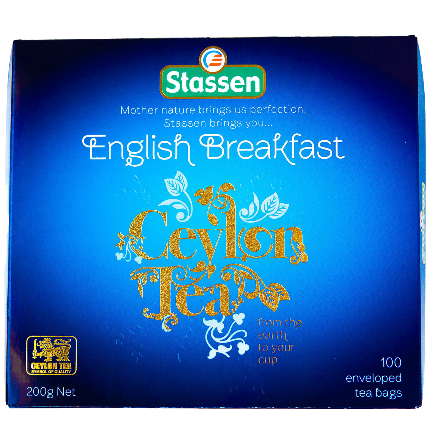 Front pudełka Stassen English Breakfast z napisem Ceylon Tea w złotej grafice.