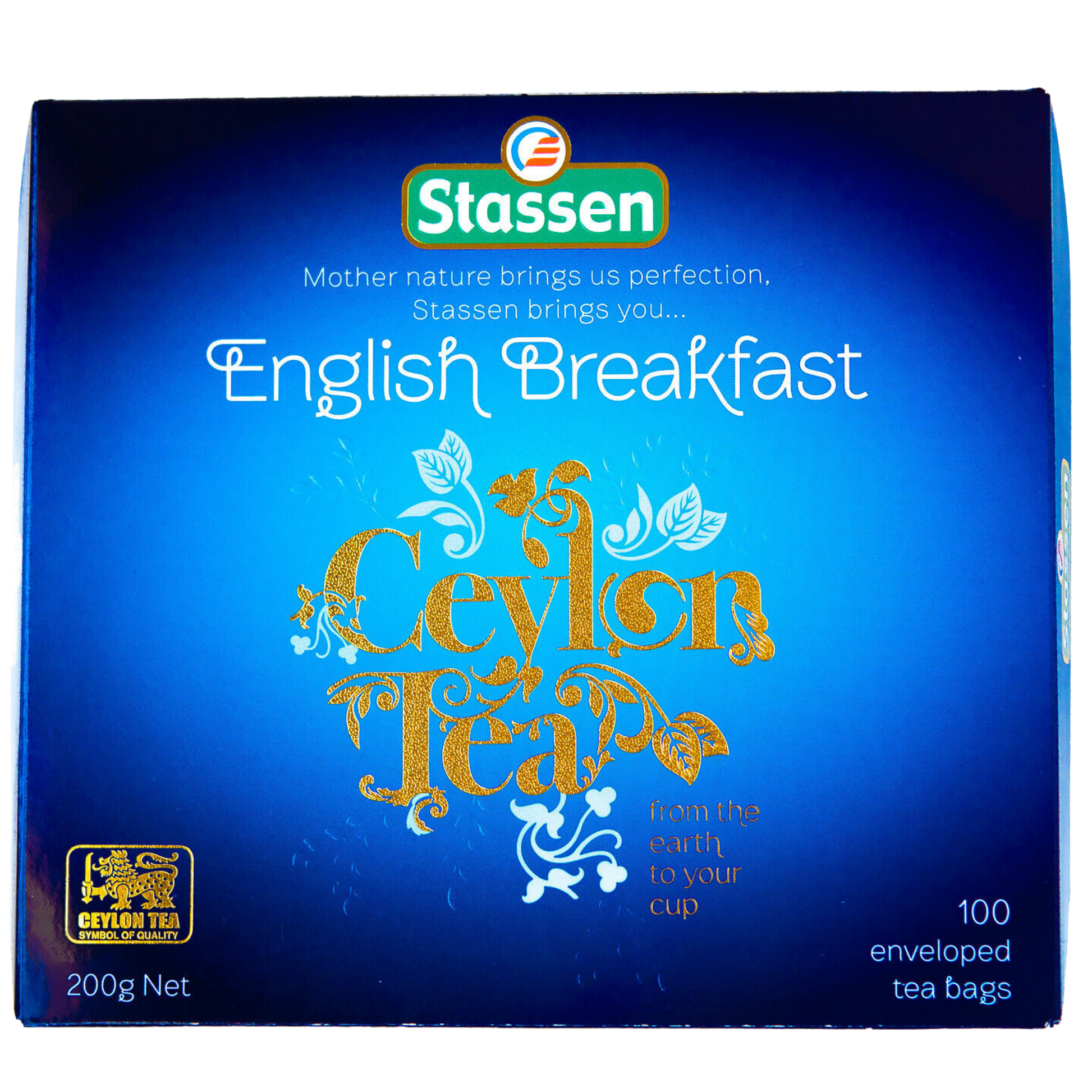 Front pudełka Stassen English Breakfast z napisem Ceylon Tea w złotej grafice.