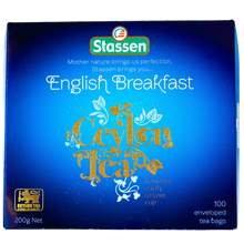 Front pudełka Stassen English Breakfast z napisem Ceylon Tea w złotej grafice.