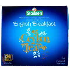 Front pudełka Stassen English Breakfast z napisem Ceylon Tea w złotej grafice.