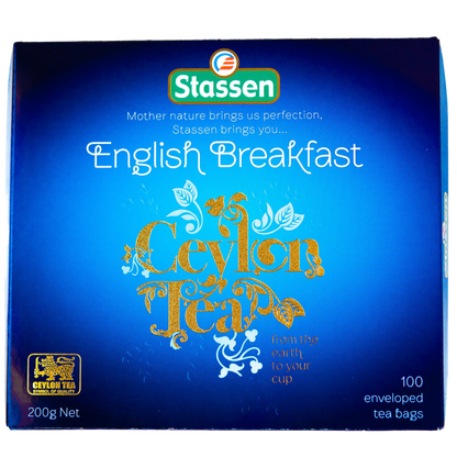 Front pudełka Stassen English Breakfast z napisem Ceylon Tea w złotej grafice.