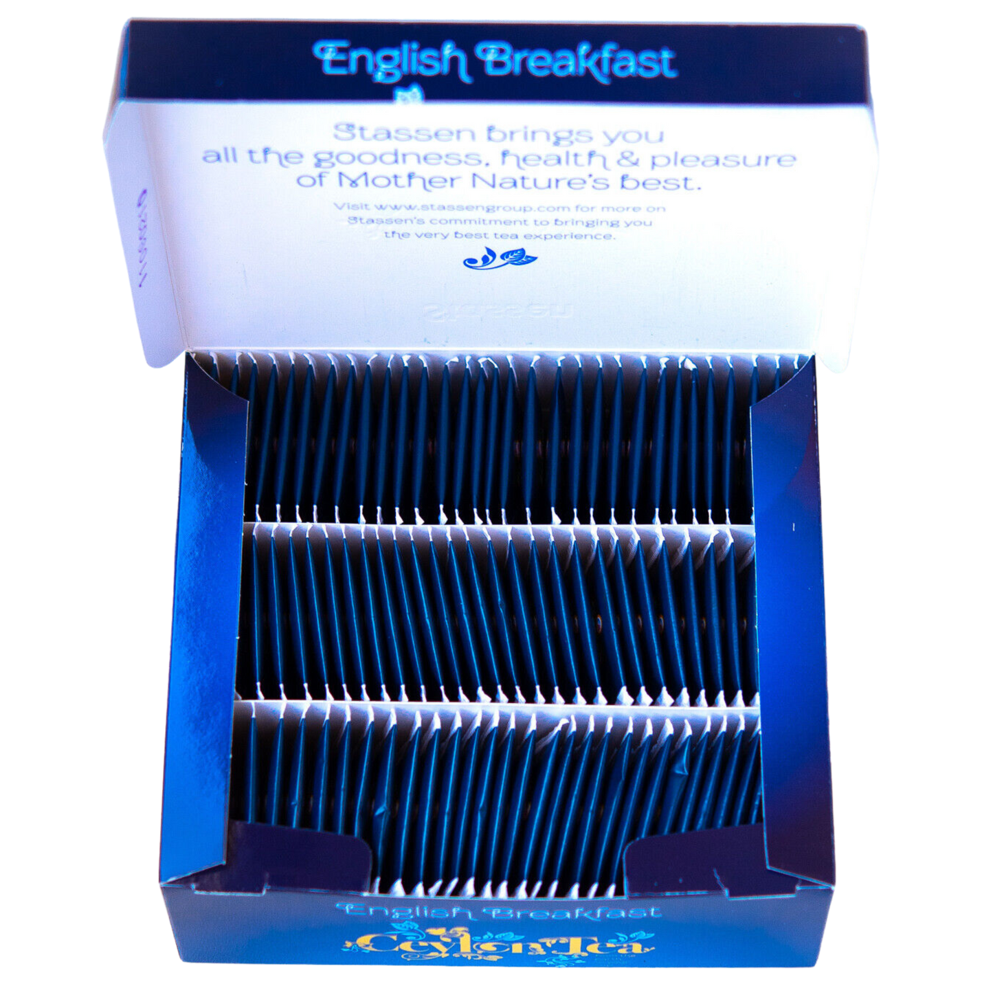 Otwarte pudełko z saszetkami herbaty Stassen English Breakfast w rzędach.