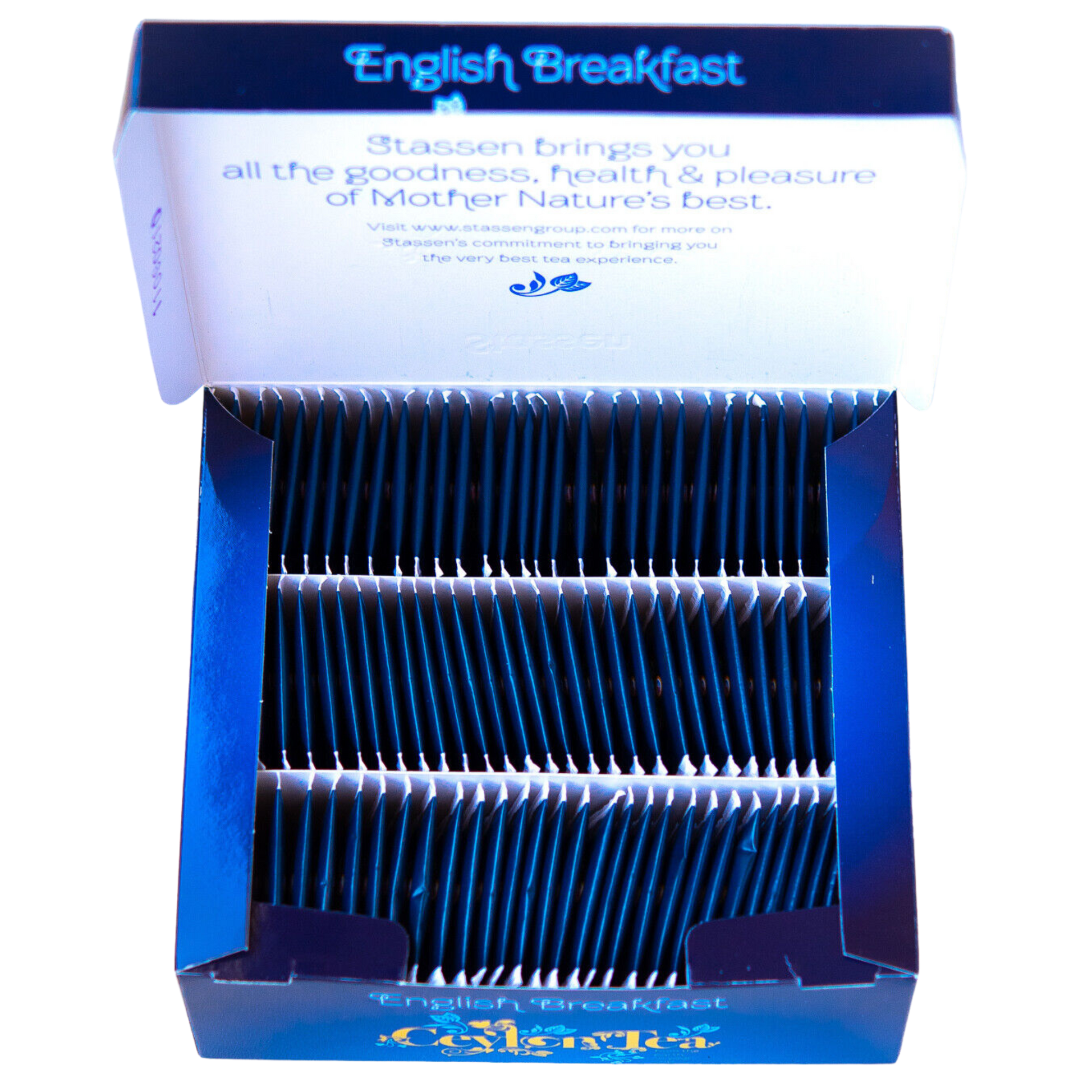 Otwarte pudełko z saszetkami herbaty Stassen English Breakfast w rzędach.