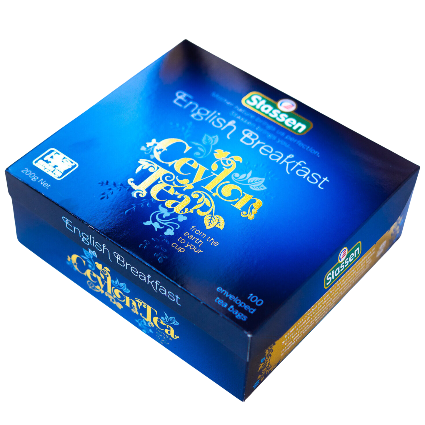 Widok z góry na pudełko herbaty Stassen English Breakfast.