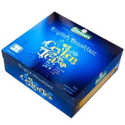 Widok z góry na pudełko herbaty Stassen English Breakfast.