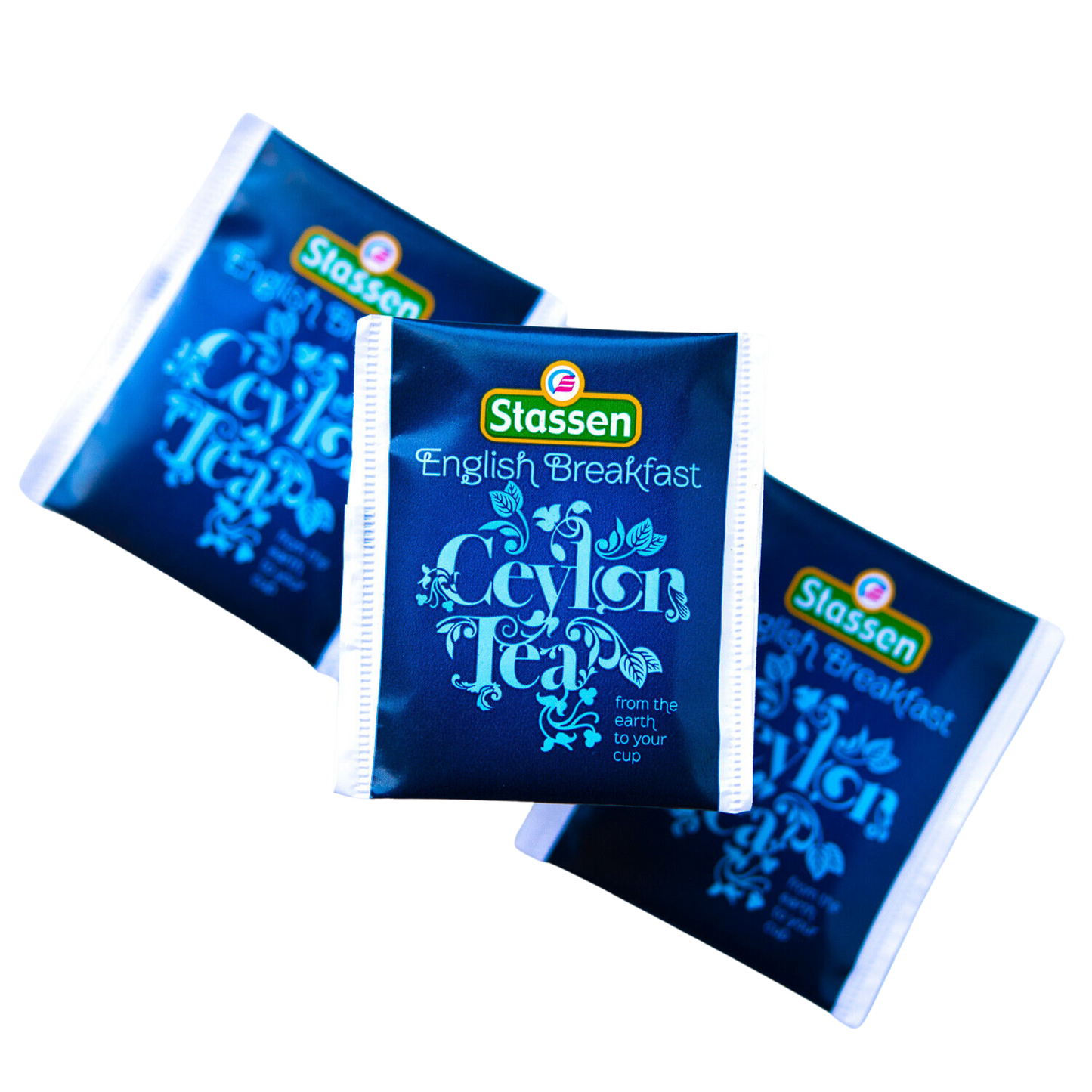 Saszetki herbaty Stassen English Breakfast na tle białym.