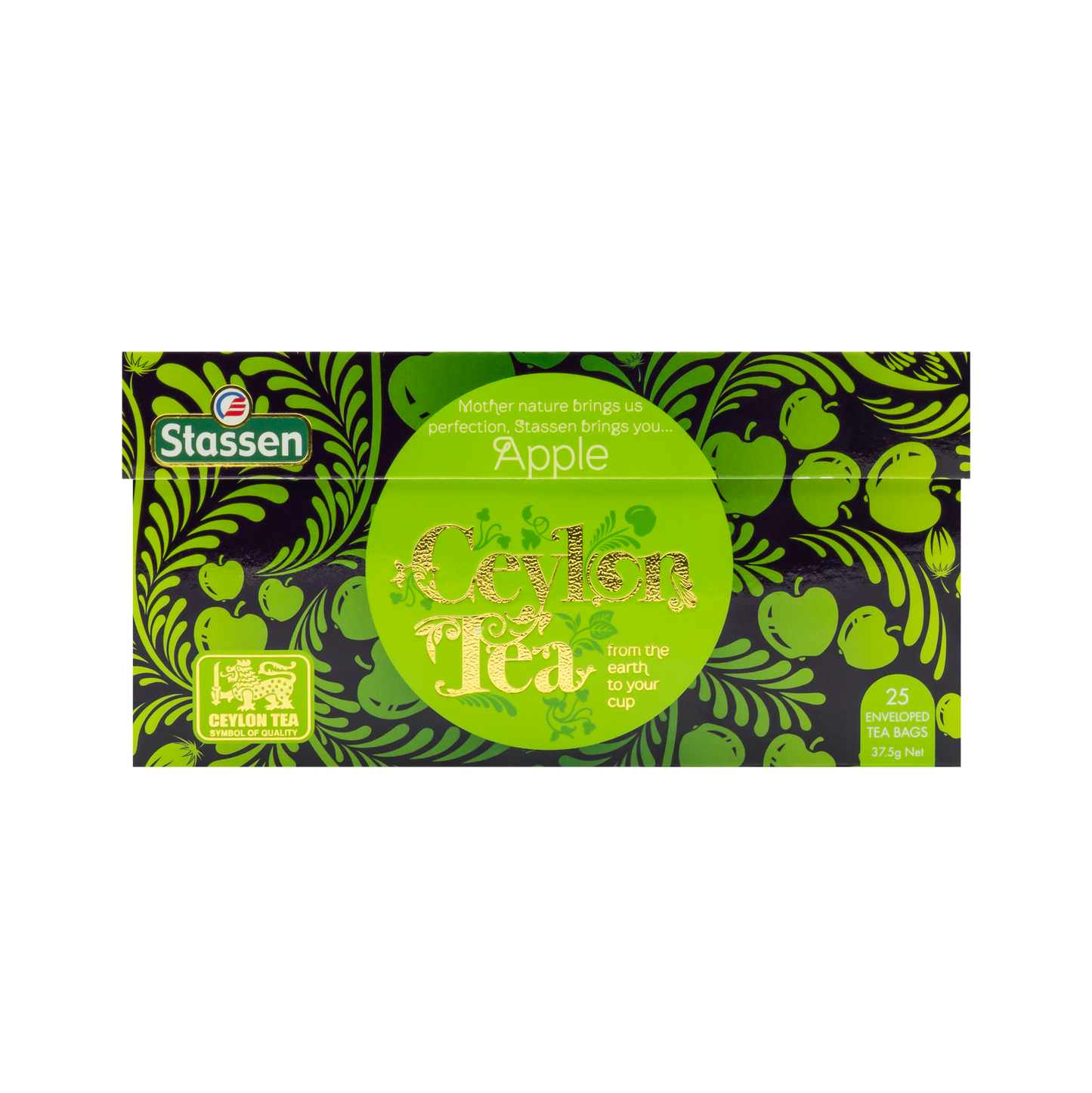 Bok pudełka herbaty Stassen Apple Tea z napisem Ceylon Tea.